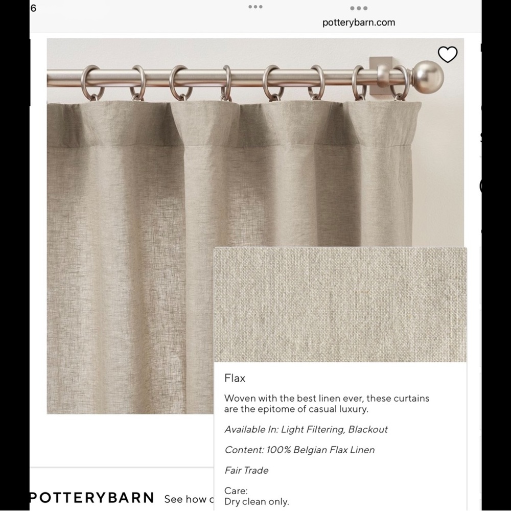 Pottery Barn Belgian Flax Linen Curtain 50x84